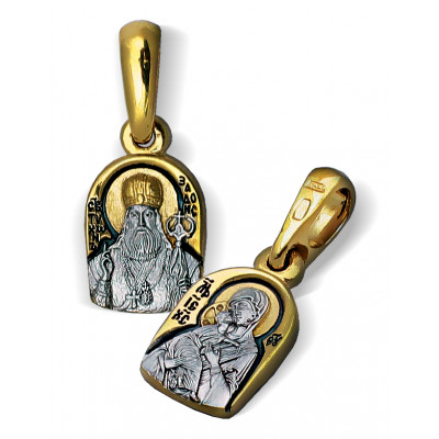 Образок «Св. Тихон Задонский. Владимирская Богородица» из серебра 925 пробы с позолотой и чернением фото
