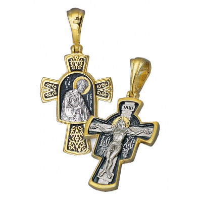 Крест нательный «Распятие. Св. апостол Петр» из серебра 925 пробы с позолотой и чернением фото