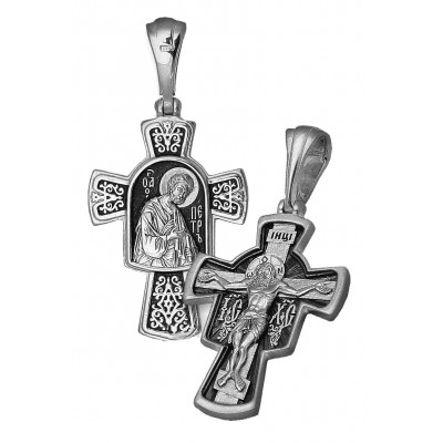 Нательный крестик «Распятие. Святой апостол Петр» из серебра 925 пробы с чернением фото