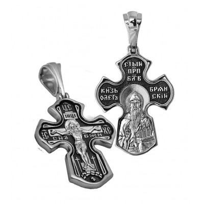 Нательный крест «Распятие. Святой благоверный князь Олег Брянский» из серебра 925 пробы с чернением фото