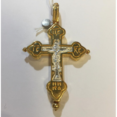 Крест-мощевик "Спаси и сохрани" с распятием Христа, серебро 925 пробы с красной позолотой фото