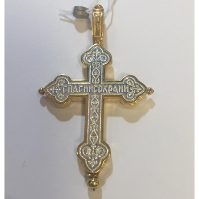 Крест-мощевик "Спаси и сохрани" с распятием Христа, серебро 925 пробы с красной позолотой фото
