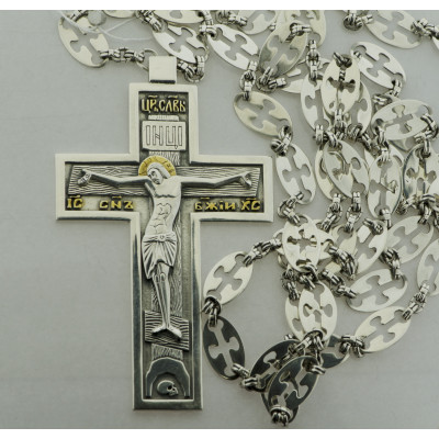 Серебряный наперстный крест с цепью, серебро 925 пробы с частичной позолотой фото