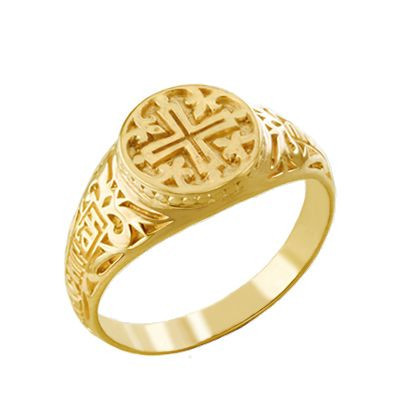 Кольцо с молитвой "Спаси, Господи, люди твоя" с четырехконечным крестом из золота 585 пробы фото