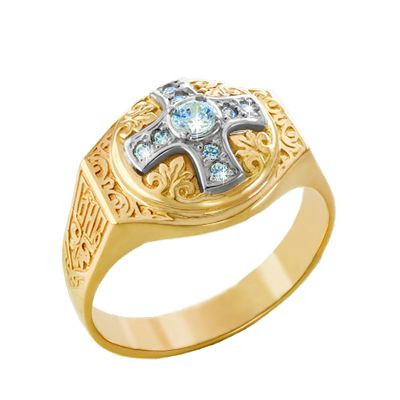 Мужское кольцо с молитвой "Господи, помилуй мя" с фианитами Swarovski и узором в виде лилий из золота 585 пробы фото