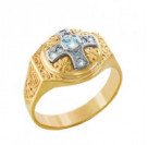 Мужское кольцо с молитвой "Господи, помилуй мя" с фианитами Swarovski и узором в виде лилий из золота 585 пробы
