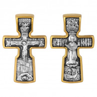 Распятие с предстоящими. Святой Николай Чудотворец. Крест нательный из серебра 925 пробы с позолотой и чернением фото