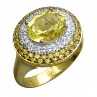 Кольцо с кварцем, бриллиантами и сапфирами из желтого золота 585 пробы фото