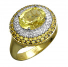 Кольцо с кварцем, бриллиантами и сапфирами из желтого золота 585 пробы цвет металла желтый