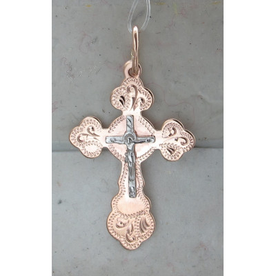 Православный крест с Рапятием из комбинированного золота 585 пробы фото