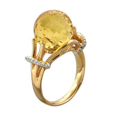 Кольцо с цитрином и бриллиантами из красного золота 585 пробы фото