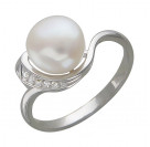 Кольцо с жемчугом и фианитами из серебра 925 пробы цвет металла белый
