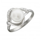 Кольцо с жемчугом и фианитами из серебра 925 пробы цвет металла белый 2.35 гр.