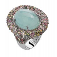 Кольцо с бриллиантами, сапфирами, турмалинами и аквамарином из белого золота 585 пробы фото