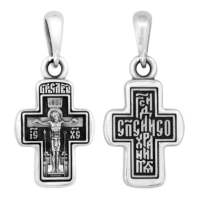 Крестильный крест "Спаси и сохрани" из серебра 925 пробы с чернением фото