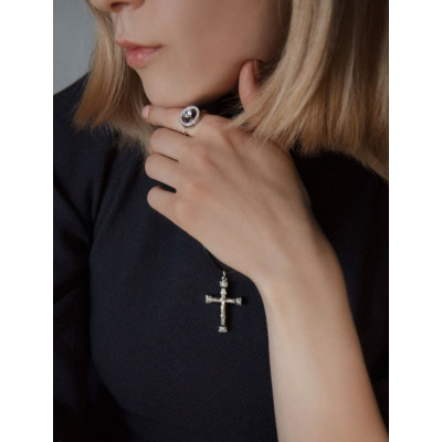 Кольцо "Молитва Богородице" с фианитами из серебра 925 пробы фото