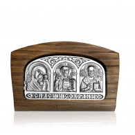 Иконка автомобильная "Иисус Христос, Казанская икона Божией Матери и Николай Чудотворец" из серебра 925 пробы в дубе фото