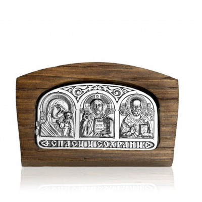Иконка автомобильная "Иисус Христос, Казанская икона Божией Матери и Николай Чудотворец" из серебра 925 пробы в дубе фото