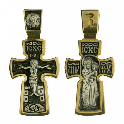 Крест "Распятие Христово. Божия Матерь Смоленская" из серебра 925 пробы с желтой позолотой фото