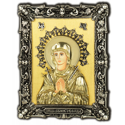 Икона Божией Матери Умягчение злых сердец (Семистрельная), дерево, серебро 925 пробы, 17,5х12,5 см фото