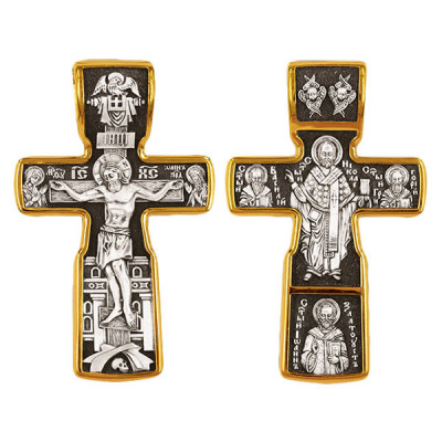 Распятие Христово. Николай Чудотворец. Три Святителя. Крест из серебра 925 пробы с желтой позолотой фото