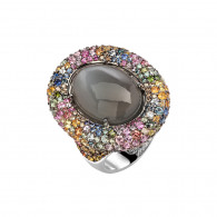 Кольцо с бриллиантами, сапфирами и лунным камнем из белого золота 585 пробы фото