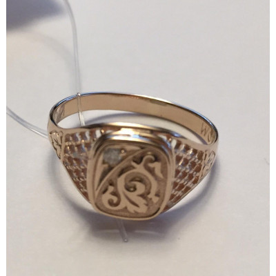 Мужской перстень с молитвой "Господи, спаси и сохрани" с изображением лилии и фианитом Swarovski из золота 585 пробы фото