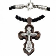 Крест деревянный на текстильном гайтане с замочком "на костыль" из серебра 925 пробы фото