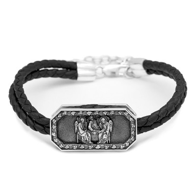 Кожаный браслет "Святая Троица" из серебра 925 пробы с чернением фото