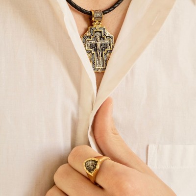 Великомученик Георгий Победоносец. Кольцо из серебра 925 пробы с позолотой и чернением фото