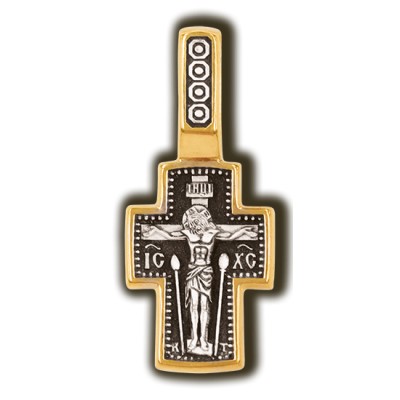 Распятие Христово. Казанская икона Божией матери. Православный крест из серебра 925 пробы с позолотой фото