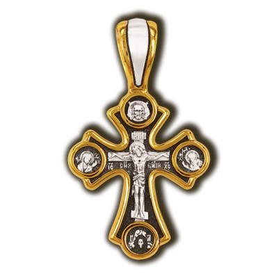 Распятие Христово. Иисусова молитва. Православный крест из серебра 925 пробы с позолотой фото