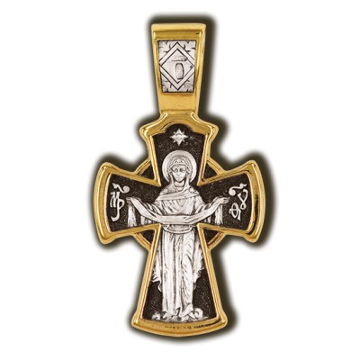 Распятие Христово. Покров Пресвятой Богородицы. Православный крест из серебра 925 пробы с позолотой фото