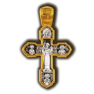 Распятие Христово с деисусом. Казанская икона Божией Матери. Православный крест из серебра 925 пробы с позолотой фото