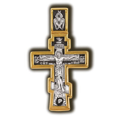 Распятие Христово. Молитва Да воскреснет Бог. Православный крест из серебра 925 пробы с позолотой фото