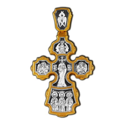 Господь Вседержитель. Архангелы Гавриил и Михаил. Три Святителя. Православный крест  из серебра 925 пробы с позолотой фото
