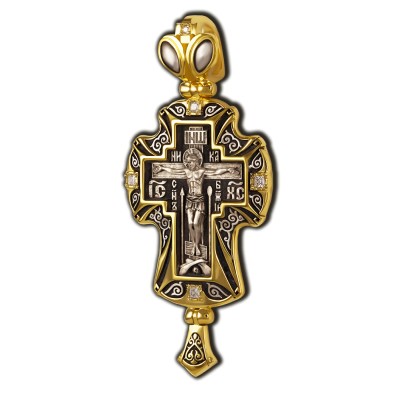 Распятие Христово. Святитель Николай. Православный крест с фианитами из серебра 925 пробы с позолотой фото