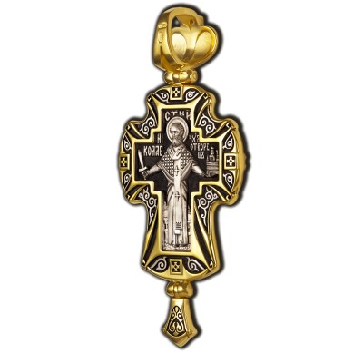 Распятие Христово. Святитель Николай. Православный крест с фианитами из серебра 925 пробы с позолотой фото