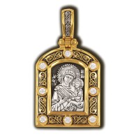 Тихвинская икона Божией Матери. Образок с фианитами из серебра 925 пробы с позолотой фото