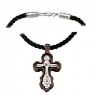 Деревянный крест с текстильным гайтаном из серебра 925 пробы фото
