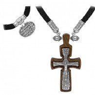 Деревянный крест с текстильным гайтаном из серебра 925 пробы фото
