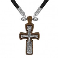 Крест деревянный ручной работы на текстильном гайтане из серебра 925 пробы фото