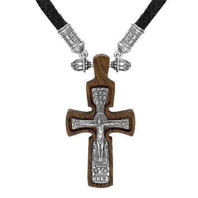 Крест деревянный ручной работы на текстильном гайтане из серебра 925 пробы фото