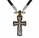 Крест деревянный ручной работы на текстильном гайтане из серебра 925 пробы