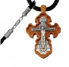 Крест деревянный на текстильном гайтане с замком карабин из серебра 925 пробы