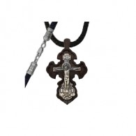 Крест деревянный на текстильном гайтане с замком карабин из серебра 925 пробы фото