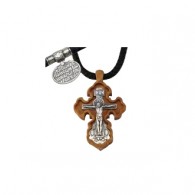 Крест деревянный на текстильном гайтане из серебра 925 пробы фото
