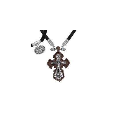 Крест деревянный на текстильном гайтане из серебра 925 пробы фото