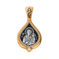 Тихвинская икона Божией Матери. Образок с фианитом из серебра 925 пробы с позолотой фото