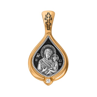 Тихвинская икона Божией Матери. Образок с фианитом из серебра 925 пробы с позолотой фото